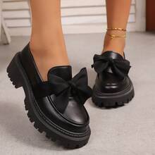 Comfortable And Versatile Platform Loafers For Women, Black With Bow Embellishment, Soft Sole, Comfortable And Height-Increasing, Suitable For Everyday Casual Wear, Parties, And Dates. - màu đen - Xem 3