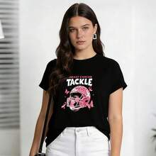 Ropa de verano para mujer, camiseta de algodón suave y casual con cuello redondo, estampado de leopardo rosa, estampado de casco de fútbol, estampado de mariposa, estampado de letras sobre la lucha contra el cáncer de mama. Color negro. - Negro - Ver 3