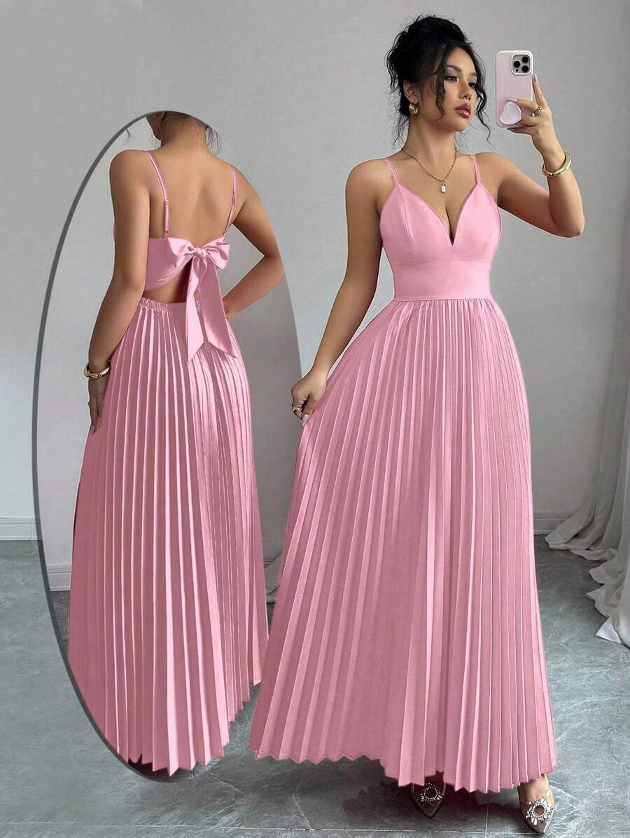 Vestido largo de mujer de unicolor, minimalista y casual con tirantes finos, espalda descubierta y lazo - Rosa - Ver 1