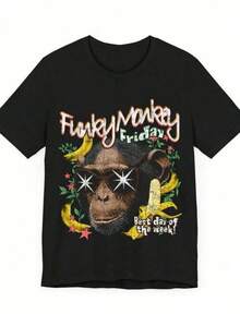 Men's Casual Short-Sleeved Crew Neck T-Shirt With Funky Monkey Friday Cartoon Graphic Print, Regular Fit, Blouses For Women, Blouses, Casual Blouses For Women, Tops For Women, Tops, Unisex. - 黑色 - 查看 6