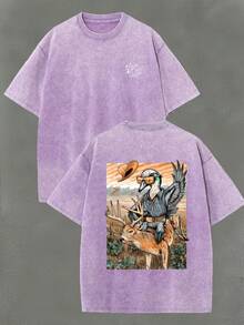 New Summer 2026 Collection Western-Style Fun Illustration Men's Washed Cotton Short-Sleeve T-Shirt Top, 100% Pure Cotton 220 Grams, Double-Sided Printed Pattern, Vintage Street Style, Summer Outfits For Women, Vacation Outfits For Women, 4th Of July Outfit For Women - 紫藍色 - 查看 12