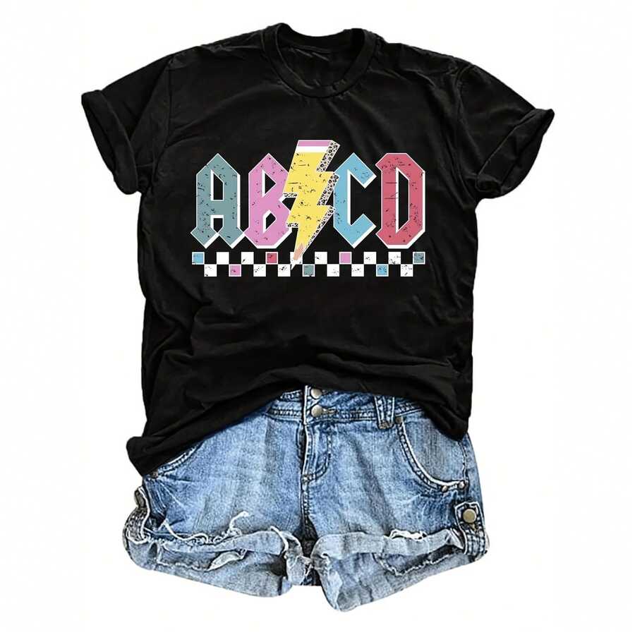 Camiseta de Mujer para Profesora con Letras ABCD y Diseño Gráfico A--C-D - Tejido Suave Elástico, Manga Corta, Cuello Redondo, Top Casual con Diseño ABCD - Regalo de Ropa para Profesores, Ropa Casual para Educadores, All-Seas ropa de mujer - [Negro] - Ver 1