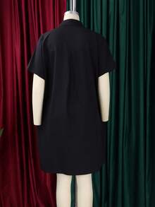 Loose-Fitting Midi Shirt Dress 2026 With Lapel And Short Sleeves - Black - View 2