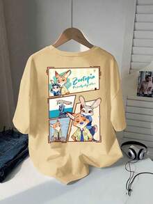 Disney Officially Authorized Ladies' T-Shirt-Zootopia Design Pattern Short-Sleeved Round Neck Casual Shirt, Suitable For Spring And Summer, Soft Breathable Fabric, Suitable For Theme Activities And Daily Wear, Plus Size Women's Unisex, Excellent Gift. - 杏色 - 查看 2