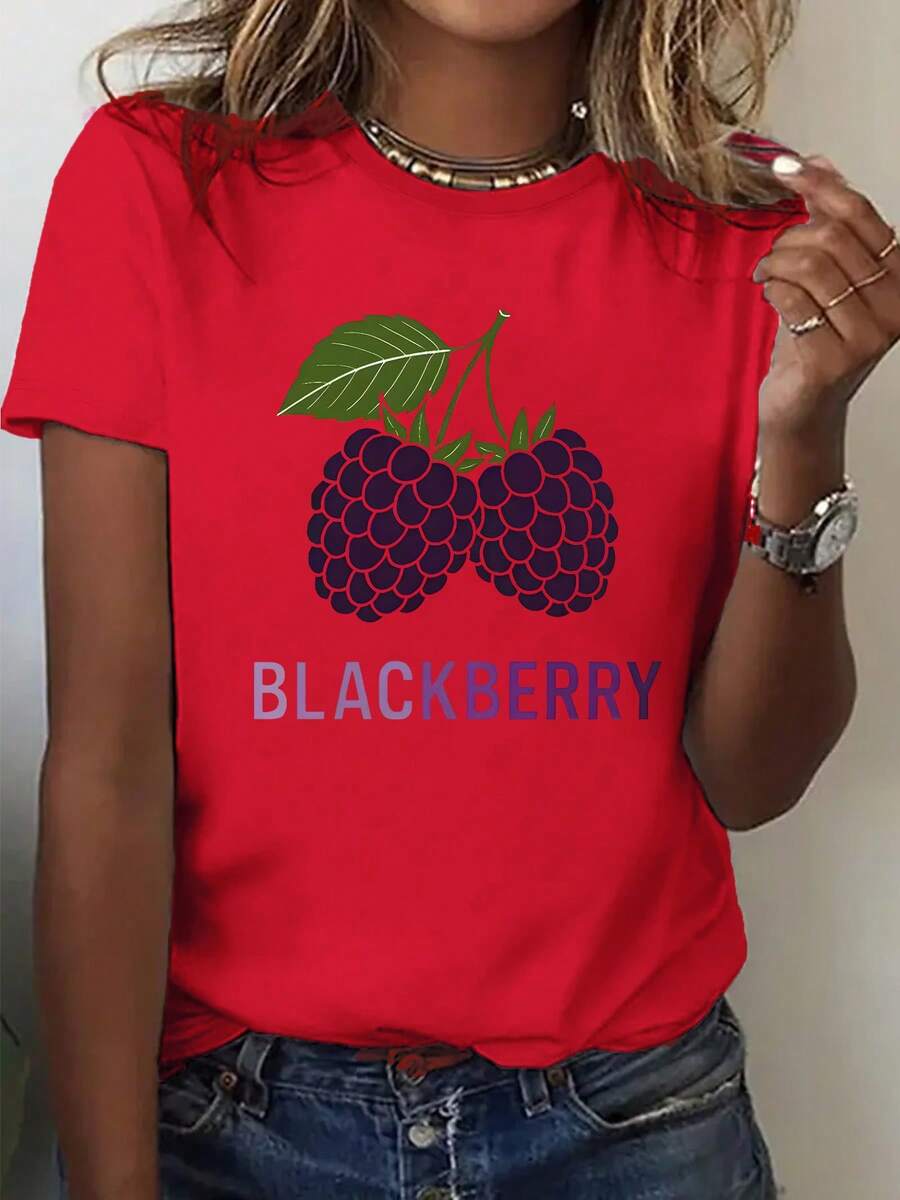 Plus Size, Women's Oversized T-Shirt With Blackberry Fruit Print - Casual Round Neck Blouse Suitable For Autumn/Winter, Machine Washable, Ideal For Casual And Berry Themed Outfits. - 紅色 - 查看 1