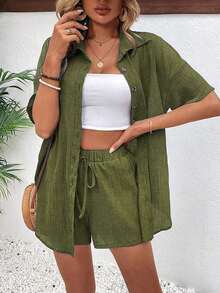 Conjunto de 2 piezas con blusa de manga corta de cuello de botones y shorts con lazo delantero, sencillo, para mujer - Verde militar - Ver 1