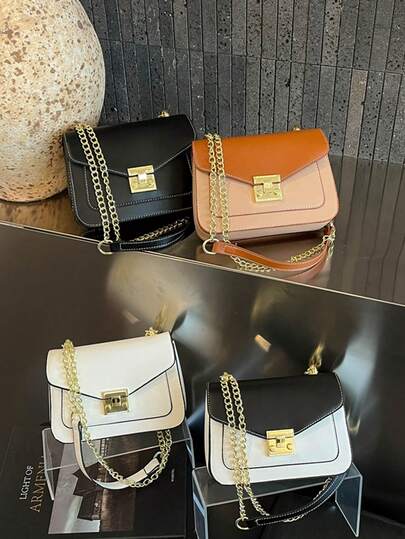 1pc Color Block & Solid Color Women's Shoulder Bag, Metal Chain Casual Handbag, Elegant Ladies' Crossbody Square Bag With Pockets For Phone, Wallet, Coins, Earphones, Cosmetics, Suitable For Daily Commute, Shopping, Travel, Also A Great Gift For Girlfriend Or Mother