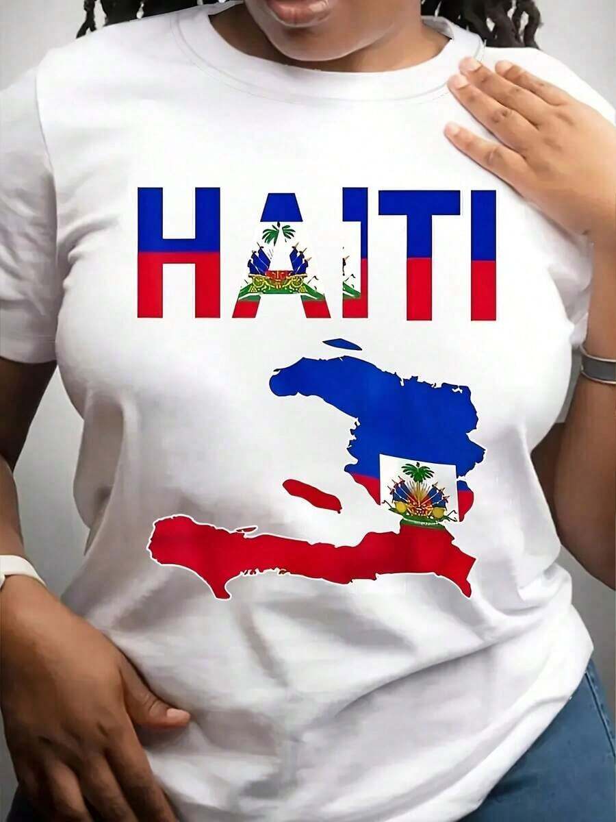 1 Shirt With Haiti's National Flag Map Design, Patriotic Clothing Representing The Country For Men, Women And Children, To Celebrate Haitian Heritage And Independence Day, 220g 180g 100% Cotton. - 白色 - 查看 1