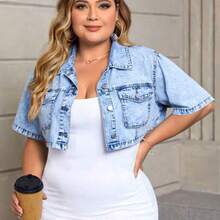 Plus Flap Pocket Crop Denim Blouse - Lavado ligero - Ver 1