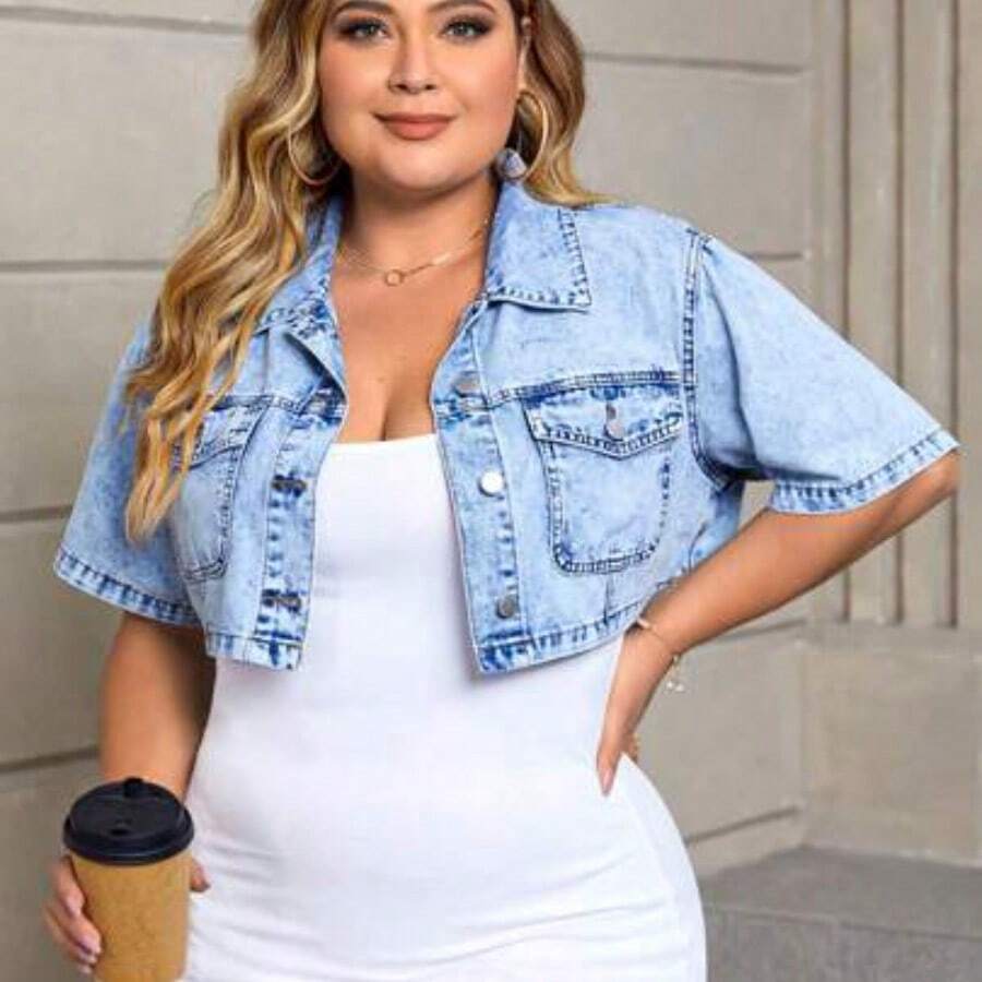Plus Flap Pocket Crop Denim Blouse - Lavado ligero - Ver 1