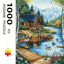 1盒1000片拼图，50*70厘米/19.7*27.6英寸 - 河畔小屋主题 - 大型成人拼图礼品，DIY工艺品，适合家居、客厅、办公室装饰，无框，圣诞节、万圣节、母亲节、新年、复活节礼物 - 彩色 - 查看 7