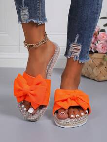 PWIIMG Women's Summer New Linen Insole Sandals, Plus Size Wide Fit Sandals With Bow Decor Open Toe For Summer Classic Versatile Beach Slippers, Orange - Orange - View 4