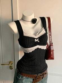 Top de Tirantes para Mujer, Estilo Y2K, Moda de Verano, con Encaje y Lazo Decorativo, Estilo Puro y Sensual - vino tinto - Ver 1
