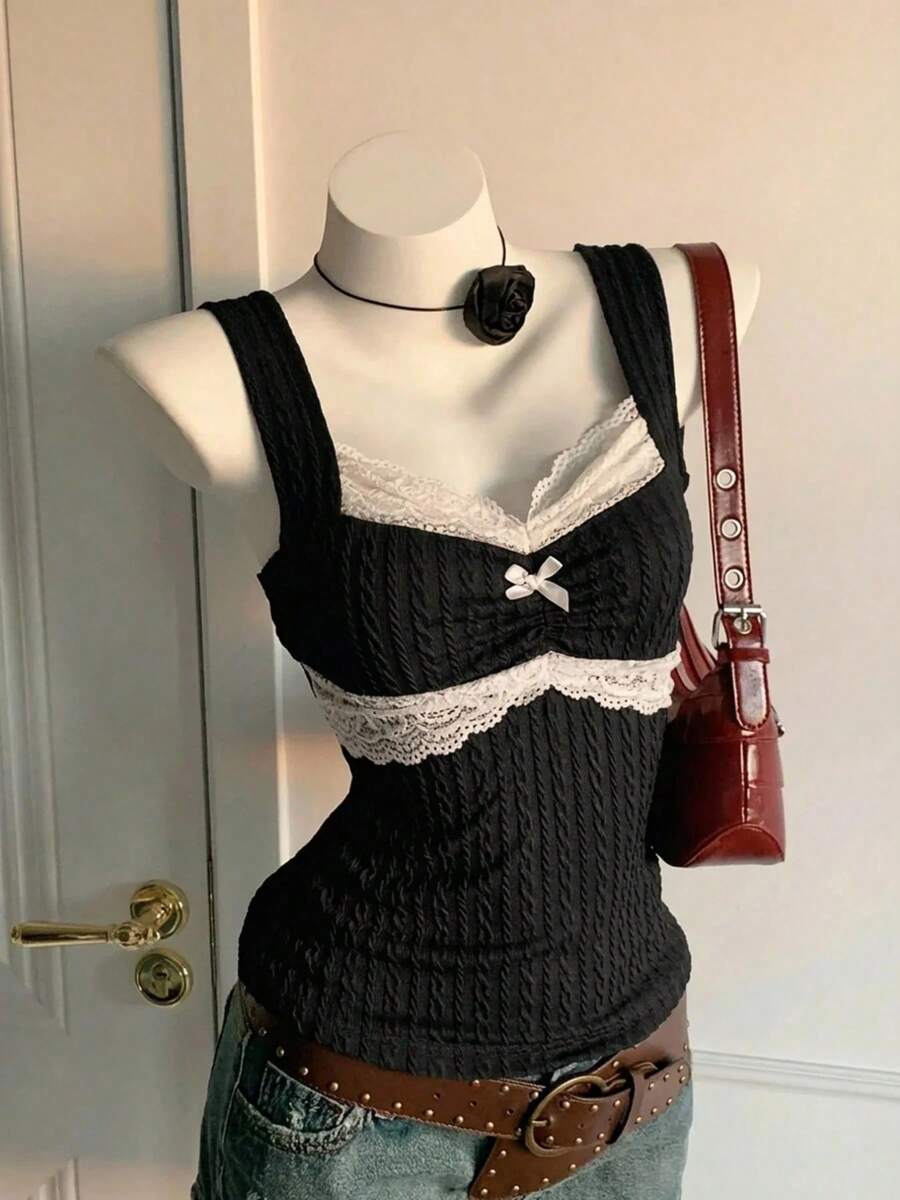 Top de Tirantes para Mujer, Estilo Y2K, Moda de Verano, con Encaje y Lazo Decorativo, Estilo Puro y Sensual - vino tinto - Ver 1