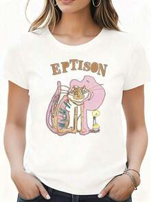 Camiseta de Mujer Blanca con Estampado Gráfico de Gato Eptison con Cuerno y Vela, Ropa Casual para el Hogar, Viajes, Festivales, Fiestas - Estilo Vintage Urbano, Unisex, de Algodón, Manga Corta, Cuello Redondo, Blusas para Mujer, Playeras de Mujer, Blusas Casuales para Dama - Blanco - Ver 1