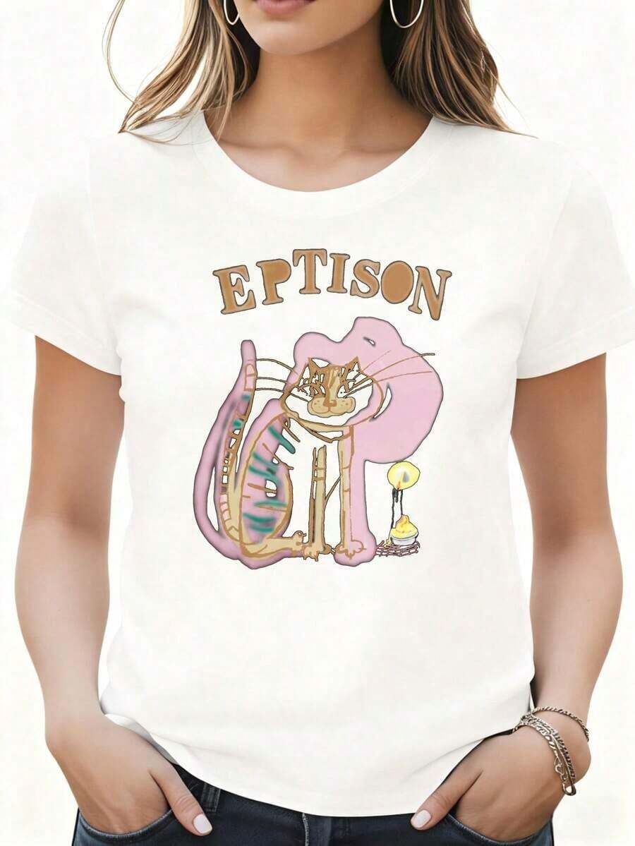 Camiseta de Mujer Blanca con Estampado Gráfico de Gato Eptison con Cuerno y Vela, Ropa Casual para el Hogar, Viajes, Festivales, Fiestas - Estilo Vintage Urbano, Unisex, de Algodón, Manga Corta, Cuello Redondo, Blusas para Mujer, Playeras de Mujer, Blusas Casuales para Dama - Blanco - Ver 1