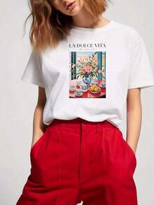 Camiseta de Mujer 100% Algodón con Estampado de Letras LA DOLCE VITA, Cuello Redondo Casual, Manga Corta - Blanco - Ver 8