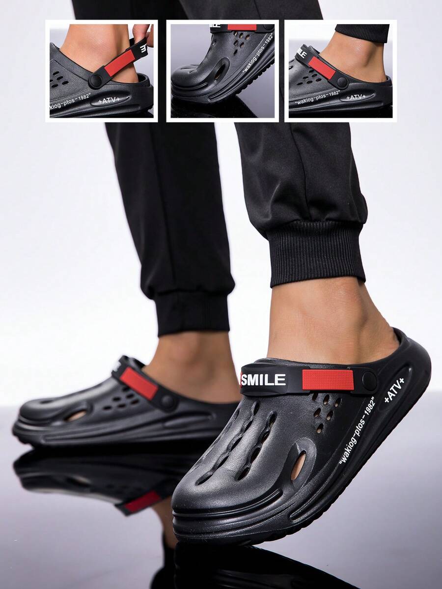 2026 New Summer Hollow Slip-On Sandals, Closed Toe Beach Slippers, Solid Color Versatile Casual Unisex Slippers With Letter & Contrast Color Elements - Black - View 1