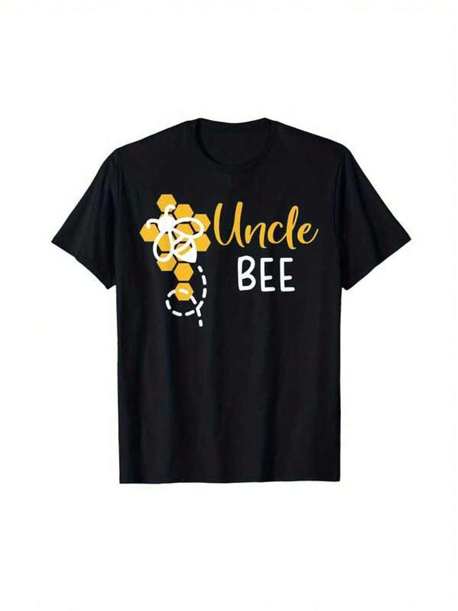 Camiseta gr£fica "T￭o de la abeja", 100% algod￳n de cuello redondo, top de tejido de punto casual para todas las estaciones, camisa impresa de ajuste regular para el primer cumplea￱os y celebraciones familiares