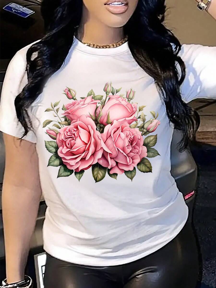 Women's Short-Sleeved Cotton T-Shirt, Black With Pink Floral Print - "I'm A Proud Mother Of 3" Design, Breathable And Comfortable Fabric, Casual Style For Spring And Summer, Everyday Wear. | Floral Print Top | Comfortable Fit - 白色 - 查看 1