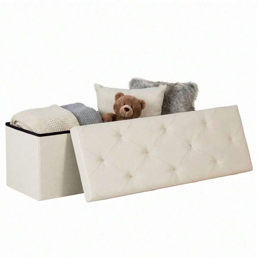 43 Inches Folding Storage Ottoman Bench, Storage Chest, Foot Rest Stool, Bedroom Bench With Storage, Beige - 米色 - 查看 1