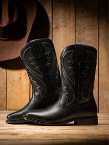 Men's Cowboy Boots Leather Western Style Rugged Comfortable Durable - 黑色 - 查看 1