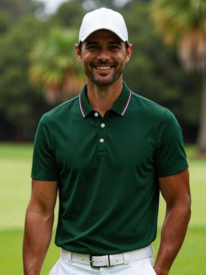 Men's Contrast Trim Golf Polo Shirt, Half Button Collar Soft Lightweight Block Business Casual Work Shirt For Boyfriend Gift, For Golf, For Daily Wear