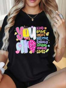 Camiseta de Mujer con Estampado Gráfico, Algodón Ligero, Verano. Camiseta de Mujer con Cuello Redondo y Mangas Cortas, Estampado Divertido. Eres Amable, Valiente, Inteligente, Servicial, Lo Suficientemente Fuerte, Única. Camiseta Gráfica Amada para Mujer, Diseño Bonito y Colorido, Mensaje Motivacional, Top de Moda. Adecuada para el Día de San Valentín, Navidad, Fiestas, Actividades Deportivas, Fiestas de Vacaciones, Salidas, Deportes y Otros Regalos Festivos (220g).Oversize Camiseta Mujer Estampado 100% Algodón Puro - Negro - Ver 6