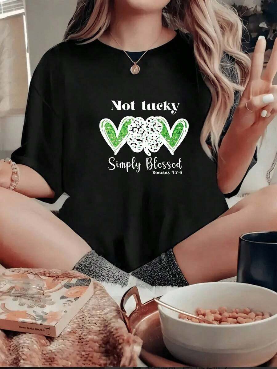 GiftWomen's Round Neck T-Shirt With Green Shamrock Print And "Not Lucky" Phrase, Simply Clothes For St. Patrick's Day, Casual Fashion For Women, Sizes S To XXL, Soft - 黑色 - 查看 1