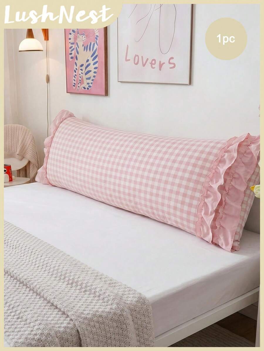 1pc Pink Plaid Pattern Long Pillowcase, Made Of Soft And Comfortable Polyester Fabric. Suitable For Bedroom And Living Room, Essential Home Decor For All Seasons, Simple Decoration, Must-Have Home Accessory, Suitable For Spring And Summer Use