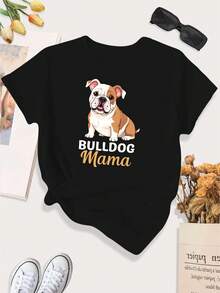 [Print Design]Women'S Plus Size Bulldog Mama Dog Love T-Shirt - Cute Bulldog Graphic With "Bulldog Mama" Text, Soft Stretchy Fabric, Round Neck Casual Everyday & Special Occasion, Dog Lover Apparel, Dog Mom Shirt, Comfortable Clothing, Playful Design[Suitable For Leisure And Sports Activities] - Multicolor - View 1
