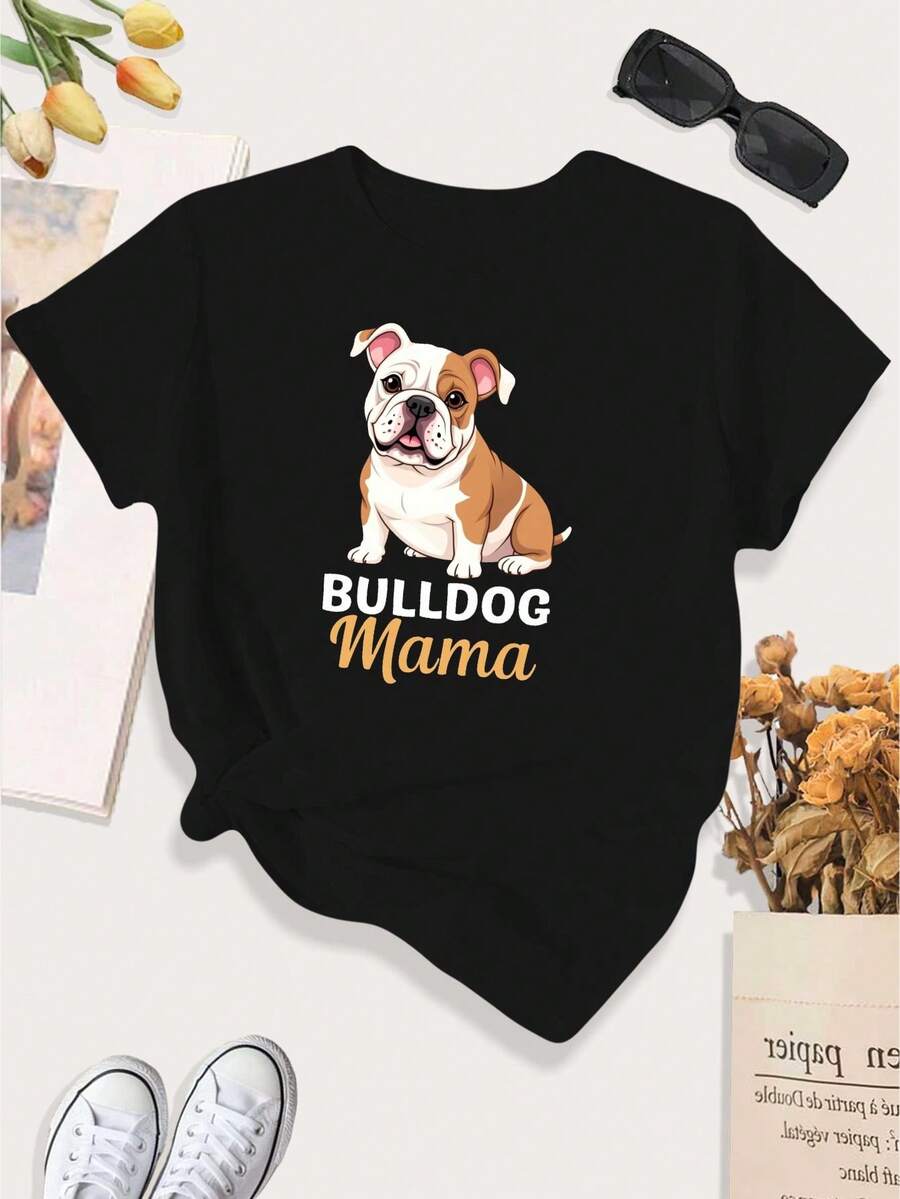 [Print Design]Women'S Plus Size Bulldog Mama Dog Love T-Shirt - Cute Bulldog Graphic With "Bulldog Mama" Text, Soft Stretchy Fabric, Round Neck Casual Everyday & Special Occasion, Dog Lover Apparel, Dog Mom Shirt, Comfortable Clothing, Playful Design[Suitable For Leisure And Sports Activities] - Multicolor - View 1