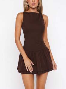 Women Boat Neck Ruffle Hem Layered Mini Dress Solid Slim Fit Sleeveless Backless Tiered A-Line Short Dress - 咖啡 - 查看 3