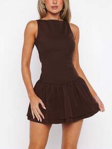 Women Boat Neck Ruffle Hem Layered Mini Dress Solid Slim Fit Sleeveless Backless Tiered A-Line Short Dress - 咖啡 - 查看 5