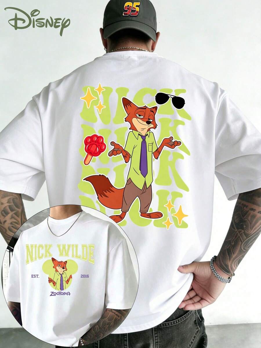 Disney Zootopia Nick Cartoon Pattern T-Shirt, Disney Mad Animal City Nick Pattern - Double-Sided Printed Design, Men's Summer Short Sleeve Shirt, High-Quality 100% Cotton Short Sleeve T-Shirt, Relaxed, Breathable, Casual Short Sleeve, Universal For Men And Women, Disneyland Travel Wear, Couple's Wear, Casual Everyday Wear, Street Wear, Vacation Wear, Campus Wear, The Best Gift - trắng - Xem 1