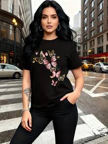 Soft, 100% Cotton T-Shirt With A Watercolor Butterfly Print. Stylish And Breathable, It's Perfect For Family Trips, Events, Casual Wear, Daily Commutes, And Matching Sister Outfits. This Versatile T-Shirt (Size 3744) Makes A Great Gift. Breathable Cotton, It Goes With Everything. - 黑色 - 查看 2