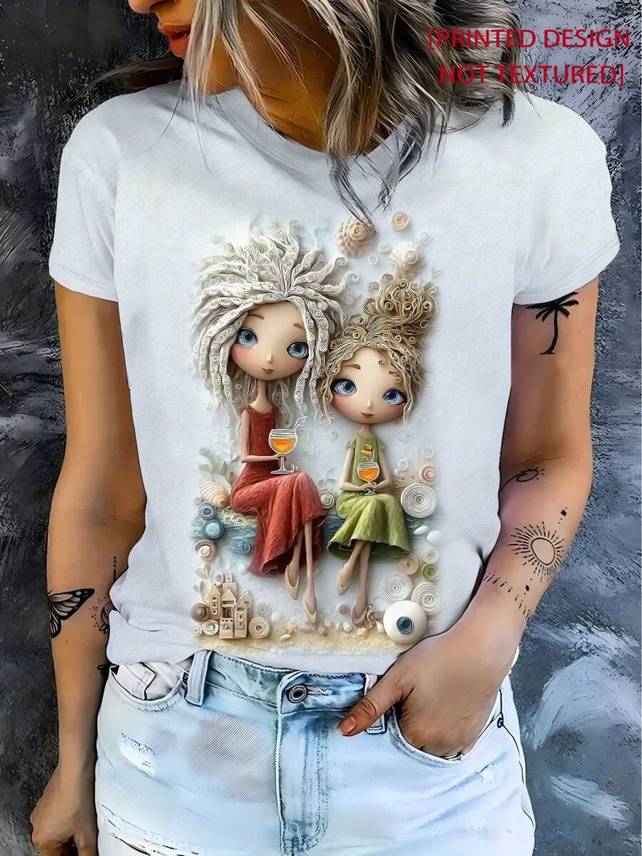 GiftGraphic T-Shirts: Elegant Sisters Enjoying Tea Time, With A Cozy Scene Print Design, Elegant Women's T-Shirt, Refined Crew Neck T-Shirt For Women And A Casual Sports T-Shirt For Ladies. 100% Cotton, Soft. - 紅綠 - 查看 1