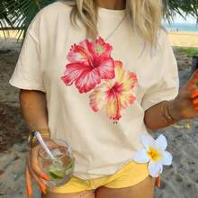 Round Neck Design, Women's Hawaiian Style T-Shirt With Tropical Floral Print, Summer Round Neck T-Shirt, Floral Print Top With Round Neck, Soft And Stretchy, Suitable For Spring, Summer And Autumn, Machine Washable, Available In Multiple Colors, Classic And Modern Round Neck, Breathable Fabric, Opaque Material, Loose And Versatile, Suitable For Urban Use, Multicolor Design, Suitable For All Seasons. - 白色 - 查看 6