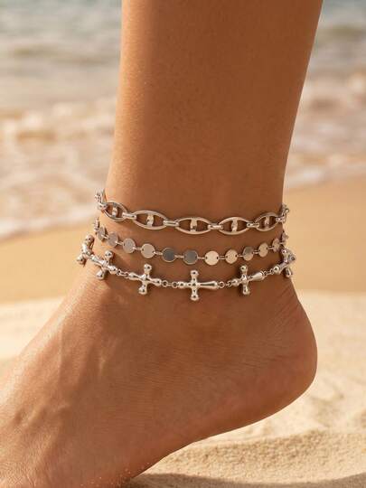 Elegante conjunto de tobilleras de color acero, joyería minimalista para el pie en vacaciones de playa