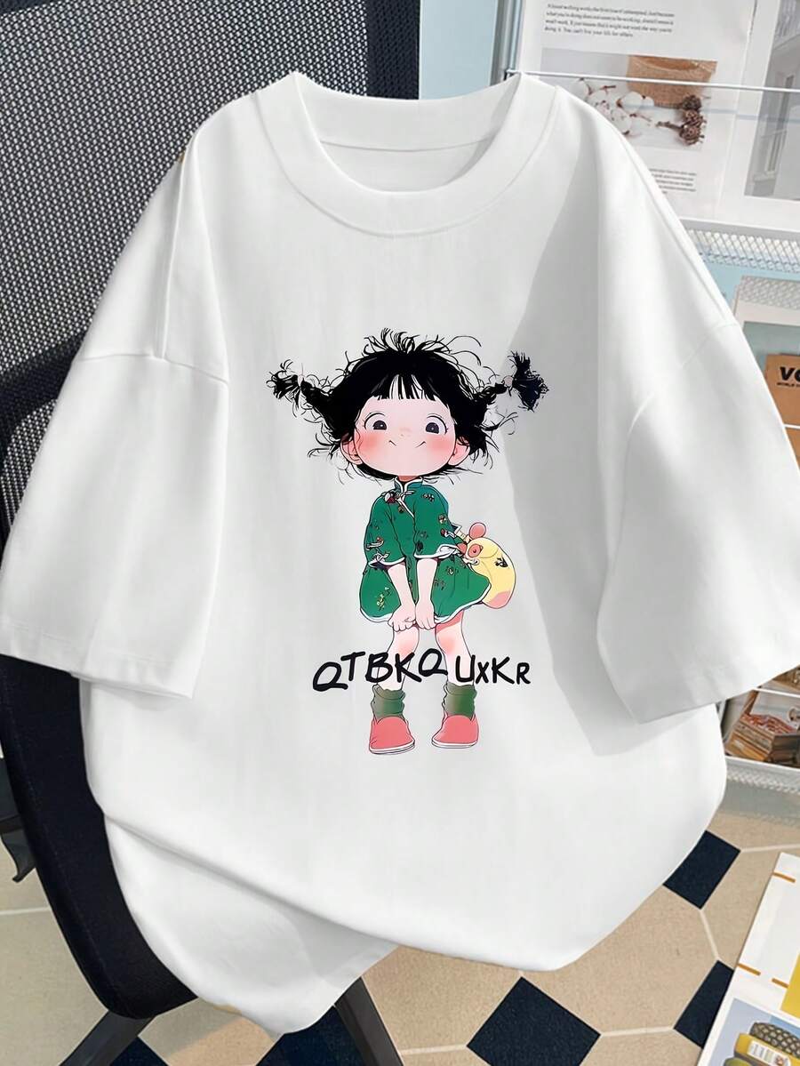 Camiseta de manga corta para mujer, diseño de verano, corte ajustado, estampado de dibujos animados, top básico. # Camiseta de algodón puro 3333 - Blanco - Ver 1