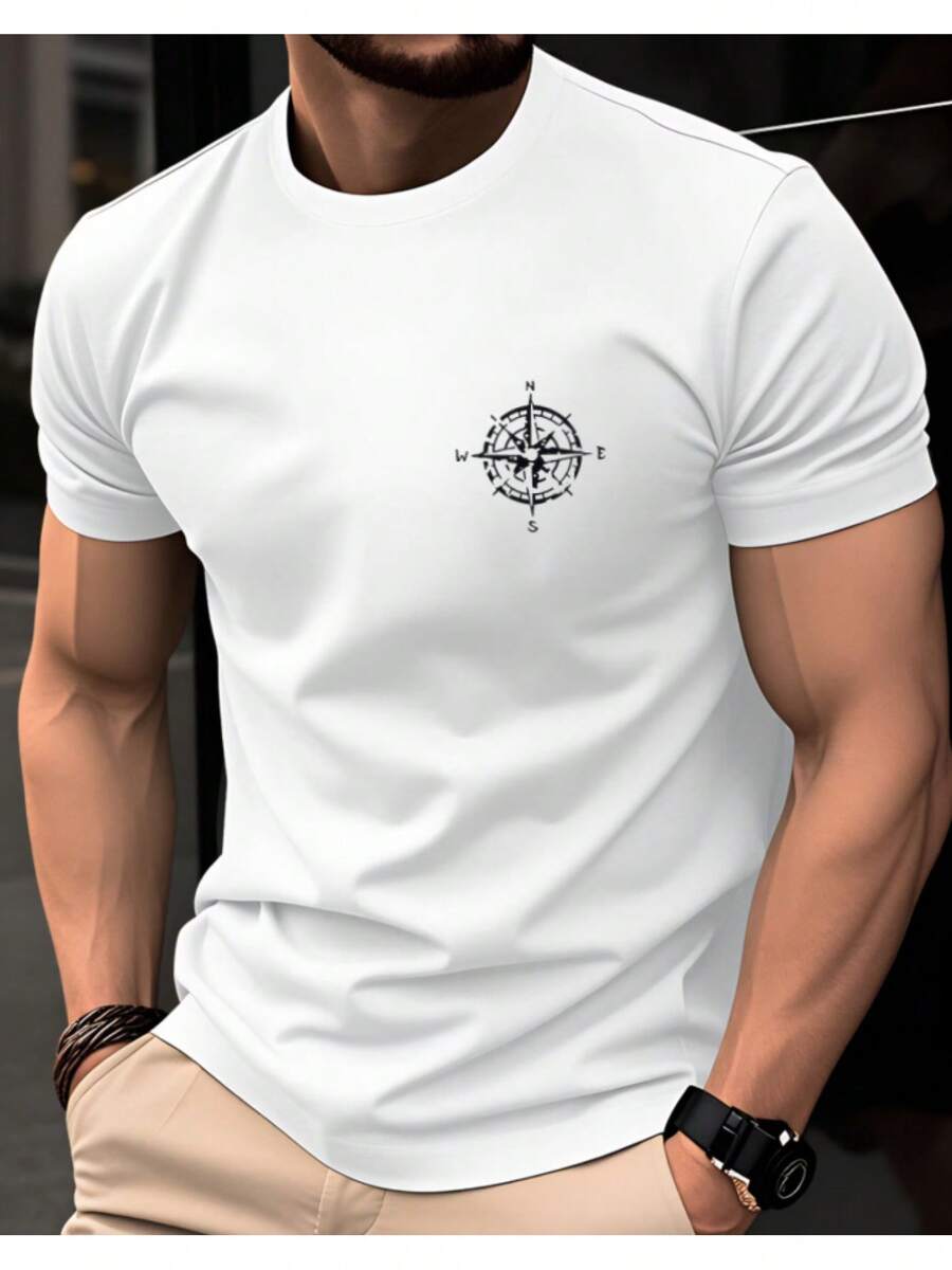 Camiseta con Estampado de Brújula Vintage, Corte Holgado, Cuello Redondo, Mangas Cortas, Camiseta Básica Única y Moderna, Fresca y Transpirable, Adecuada para Primavera y Verano. Un ajuste cómodo y estándar, adecuado tanto para hombres como para mujeres, lo que lo convierte en una opción ideal para actividades al aire libre, fiestas y ropa de primavera/verano. También es un excelente regalo navideño con un diseño elegante. - Blanco - Ver 1