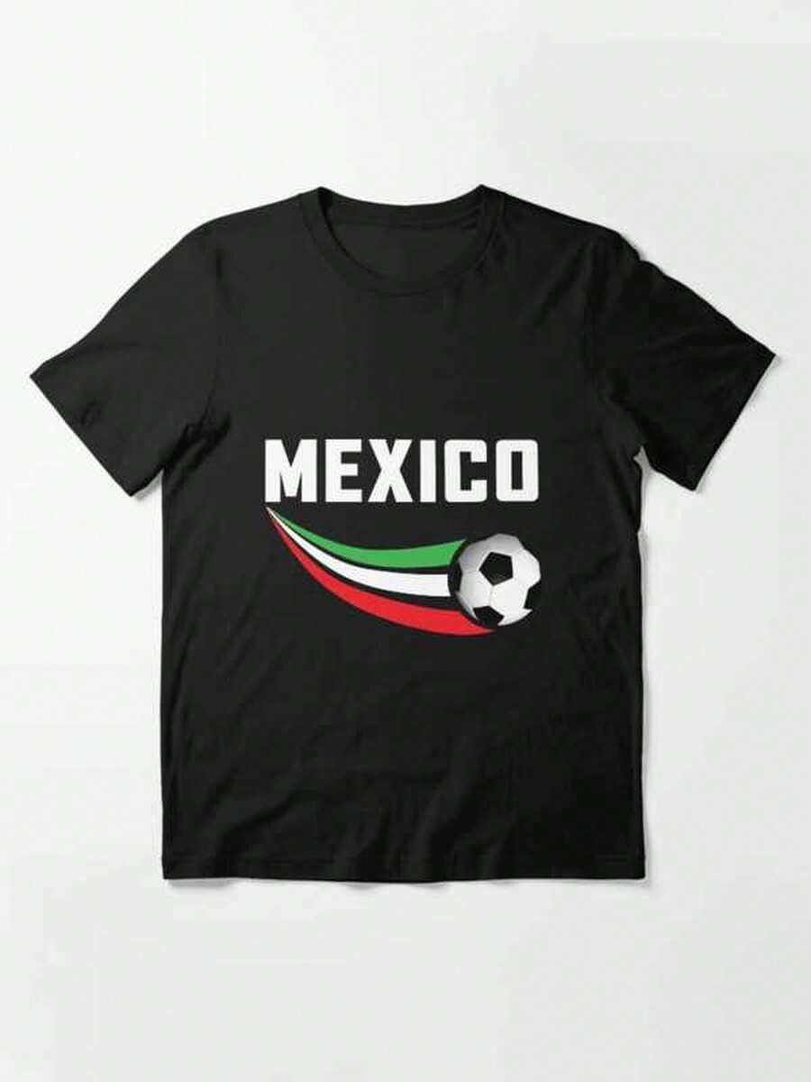 Camiseta fútbol México bandera tricol Camisa de T con estampado digital balón de fútbol y letras MEXICO 1 unidad de 2 gramos estilo deptivo Camiseta de mujer con cuello redondo - Negro - Ver 1