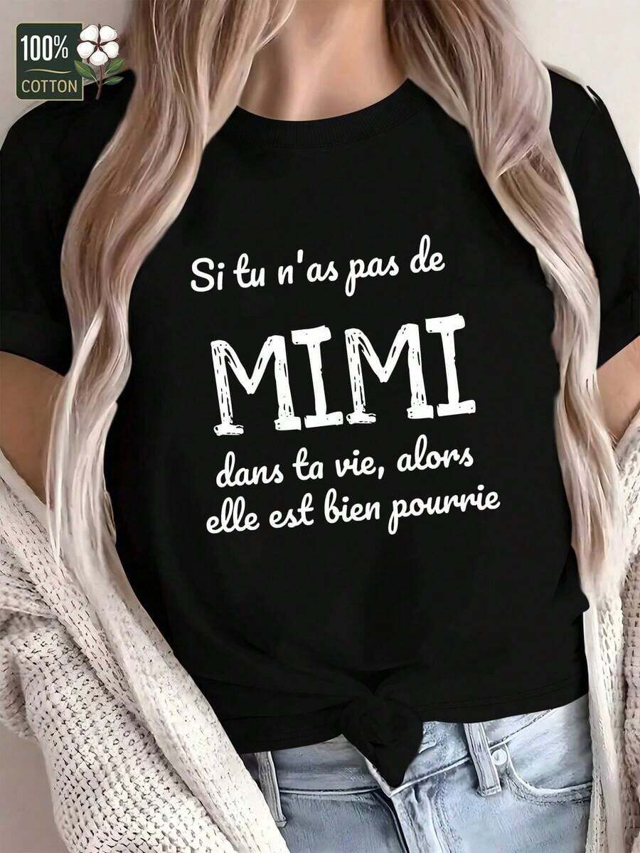 Blouses>Beautiful MIMI T-Shirt For Women, 100% Cotton With French Text Print And Logo Slogan "Si Tu N'a Pas De MIMI" - Red With Black Letters, Round Neck, Short Sleeves, Comfortable Casual Fit For Year-Round Wear. 100% Cotton Casual Blouses For Women - 黑色 - 查看 1