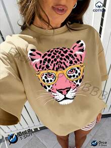 Gafas con montura amarilla y estampado de leopardo rosa, con estampado de cabeza de guepardo, camiseta regular, 100% algodón, 180 gramos, marca Orca, adecuada para uso casual, salidas al aire libre, deportes, vacaciones, regalos y otras ocasiones. - Albaricoque - Ver 12