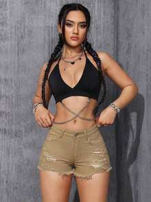 Pantalones cortos de mezclilla para mujer con bolsillos y bajo deshilachado - Amarillo Mostaza - Ver 5