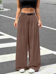Pantalones de pierna ancha con cinturón de talle alto, perfectos para el tiempo libre, primavera/otoño, con botón, bolsillo y cremallera, de pierna recta natural, pierna ancha, sueltos y negros, para uso casual diario. - Marrón - Ver 1