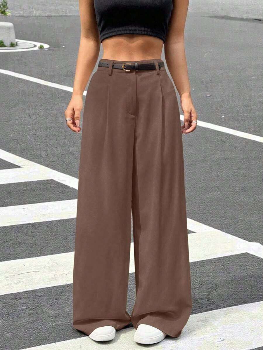 Pantalones de pierna ancha con cinturón de talle alto, perfectos para el tiempo libre, primavera/otoño, con botón, bolsillo y cremallera, de pierna recta natural, pierna ancha, sueltos y negros, para uso casual diario. - Marrón - Ver 1