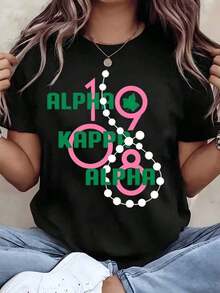 Women T Shirt Alpha  Alpha 1908 Sorority Logo Print Round Neck Casual Top Gift For Aka Sisters 220G Cotton Blend T ShirtComfortable Crew Neck Pure Cotton Casual T-Shirt, Printed With Fashionable Sports Patterns, Suitable For Both Men And Women As A Couple Style, Y2K Street Style, Suitable For Holiday Celebrations, Father'S Day, America Eagle Day, Independence Day, Women'S Short Sleeves, Birthday Gift - màu đen - Xem 5