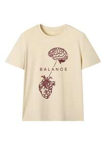 Women's Beige Minimalist T-Shirt With "Balance" Graphic Print, Casual Fit Suitable For Daily Casual Occasions Summer, Effortless Style - Apricot - View 3