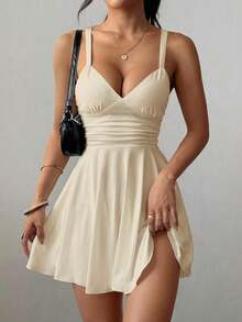 Vestido corto de punto sexy y elegante con escote en V, cintura fruncida y tirantes finos para mujer - Albaricoque - Ver 7